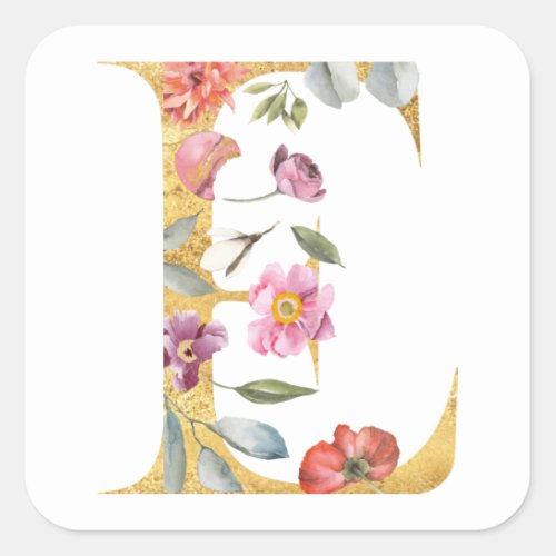 Gold letter E with flowers Square Sticker