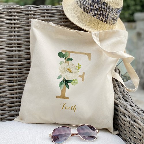 Gold Letter F and Blush Floral Personalized Tote Bag