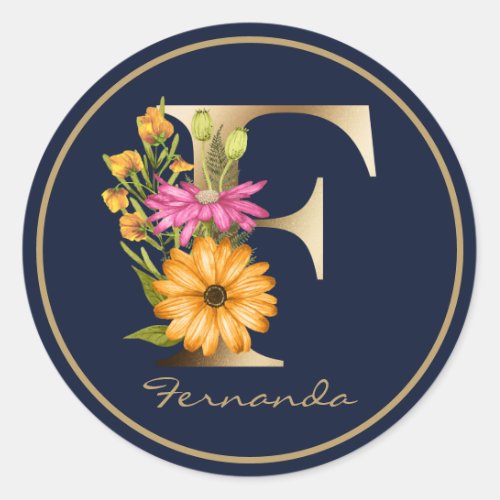 Gold Letter F Elegant Navy Floral Monogram Classic Round Sticker