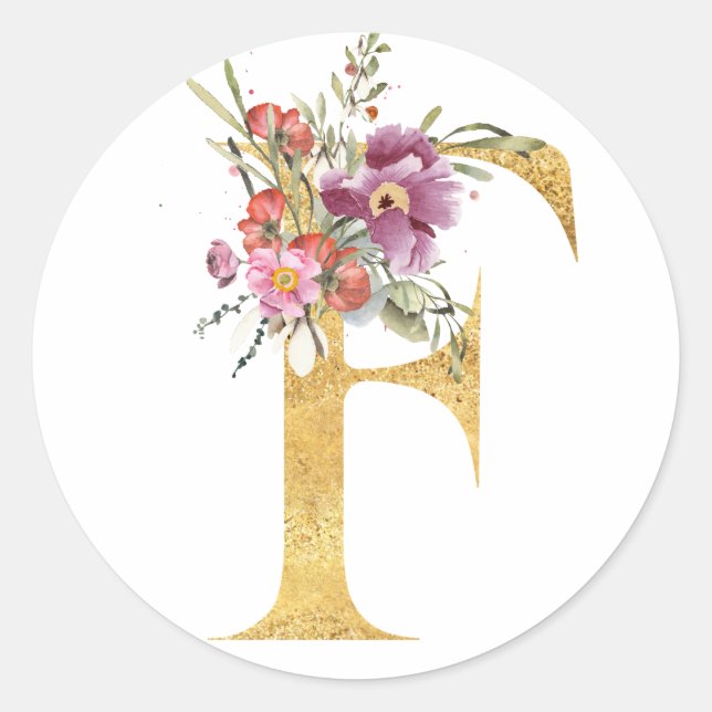 Gold letter F with flowers Classic Round Sticker (Front)