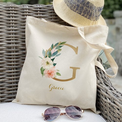 Gold Letter G and Blush Floral Personalized Tote Bag