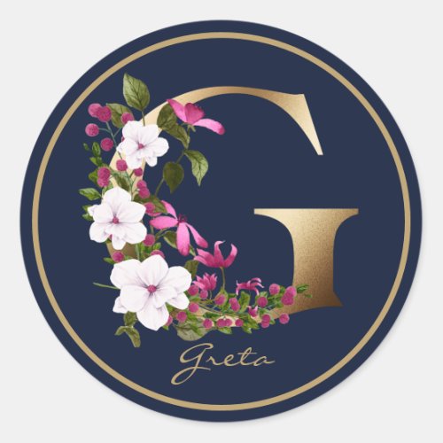 Gold Letter G Elegant Navy Floral Monogram Classic Round Sticker