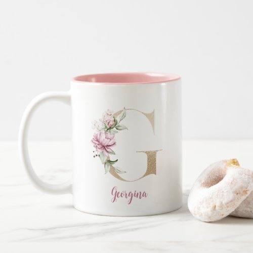 Gold Letter G Monogram G Pink Floral Gift Her Two_Tone Coffee Mug