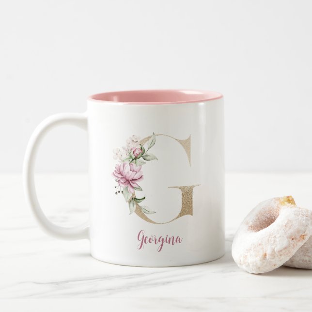 Gold Letter G, Monogram G, Pink Floral Gift Her Two-Tone Coffee Mug (With Donut)