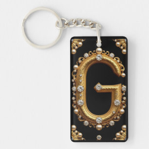 Gold Letter G Monogram With Diamonds and Pearls Keychain