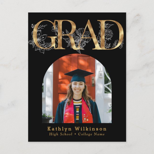 Gold Letter GRAD Floral Photo Grad Invitation Postcard (Front)