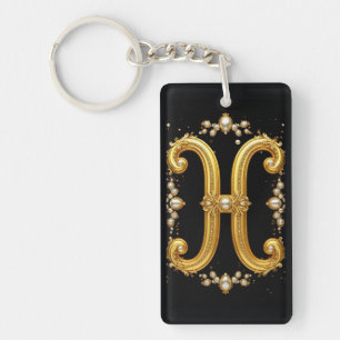 Gold Letter H Monogram With Diamonds and Pearls Keychain