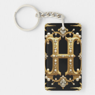Gold Letter H Monogram With Diamonds and Pearls Keychain