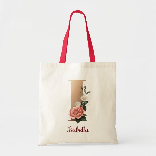Gold Letter I and Blush Floral Personalized chic Tote Bag (Front)