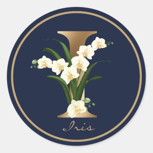 Gold Letter I Elegant Navy Floral Monogram Classic Round Sticker