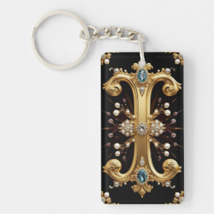 Gold Letter I Monogram With Diamonds and Pearls Keychain