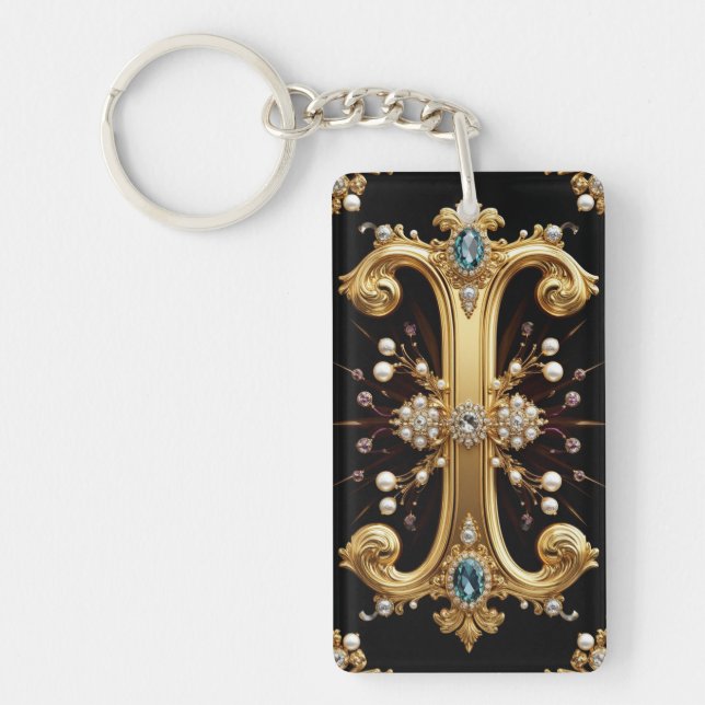 Gold Letter I Monogram With Diamonds and Pearls Keychain (Front)