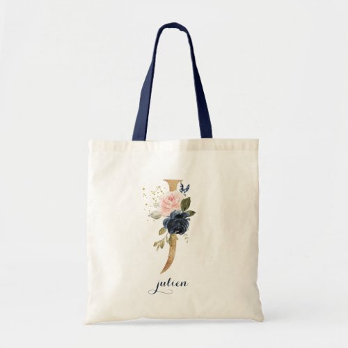 Gold Letter J and Blush Floral Personalized chic Tote Bag