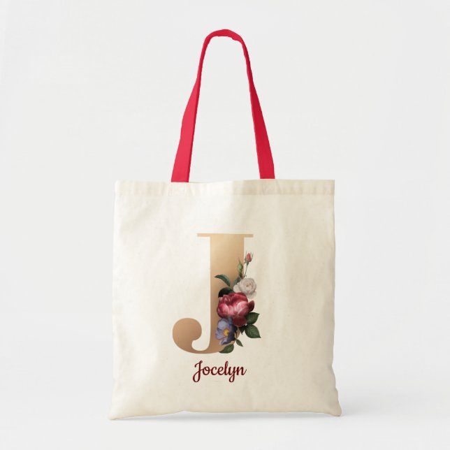 Gold Letter J and Blush Floral Personalized chic Tote Bag (Front)