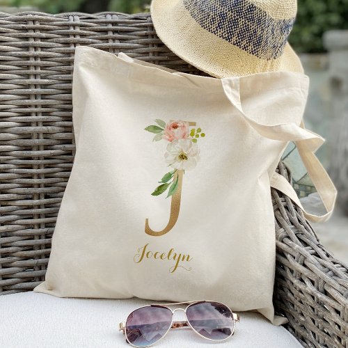 Gold Letter J and Blush Floral Personalized Tote Bag