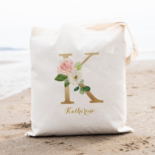 Gold Letter K and Blush Floral Personalized Tote Bag