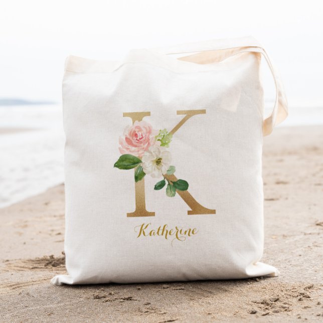 Gold Letter K and Blush Floral Personalized Tote Bag (Creator Uploaded)