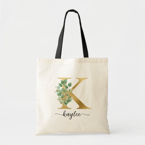 Gold Letter K Eucalyptus Monogram Botanical Tote Bag