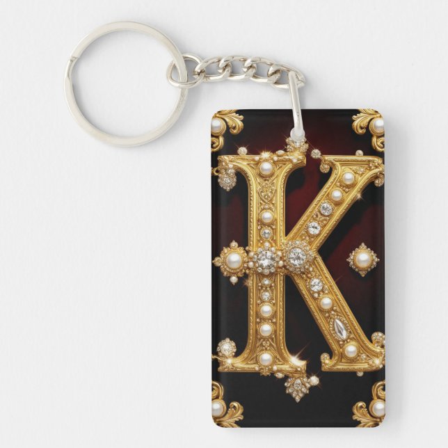 Gold Letter K Monogram With Diamonds and Pearls Keychain (Front)
