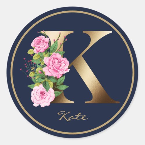 Gold Letter K Navy Elegant Floral Monogram Roses Classic Round Sticker