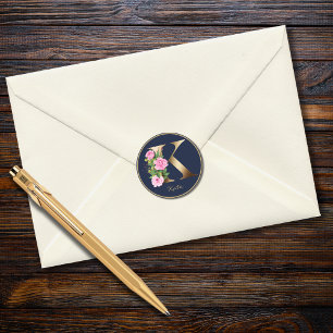 Gold Letter K Navy Elegant Floral Monogram Roses Classic Round Sticker