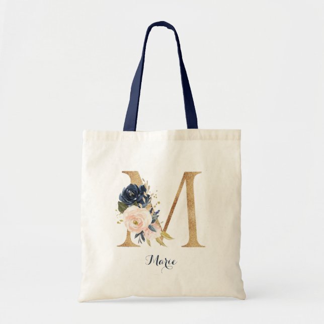 Gold Letter M and Blush Floral Personalized Tote Bag (Front)