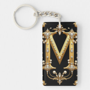 Gold Letter M Monogram With Diamonds and Pearls Keychain