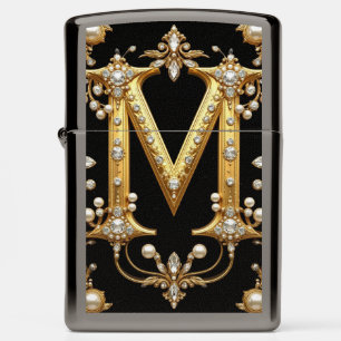 Gold Letter M Monogram With Diamonds and Pearls Zippo Lighter