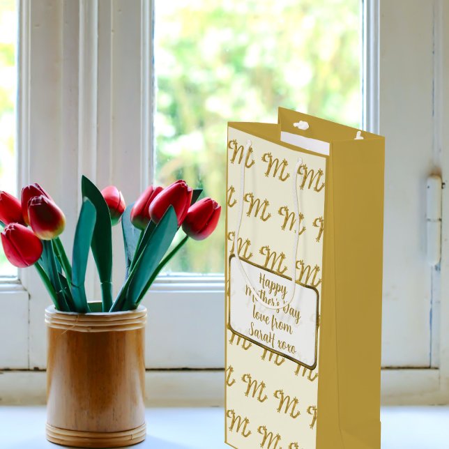 Gold Letter M Pattern Elegant Mother's Day Custom Wine Gift Bag (Add your short Mother's Day message to this wine gift bag and pop a nice bottle of wine in it)