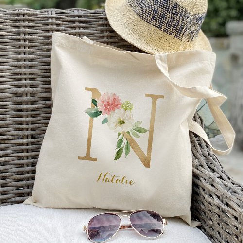 Gold Letter N and Blush Floral Personalized Tote Bag