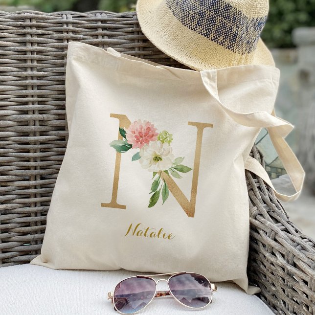 Gold Letter N and Blush Floral Personalized Tote Bag (Creator Uploaded)