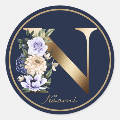 Gold Letter N Elegant Floral Monogram Classic Round Sticker