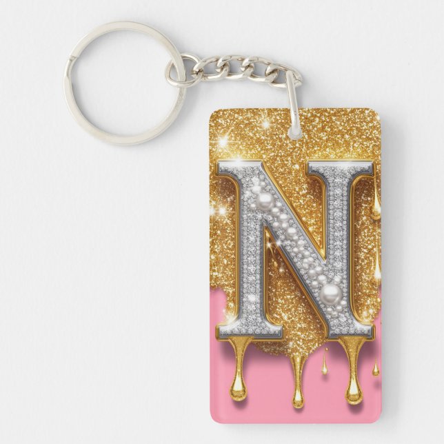 Gold Letter N Initial Diamond Pink Background Gift Keychain (Front)