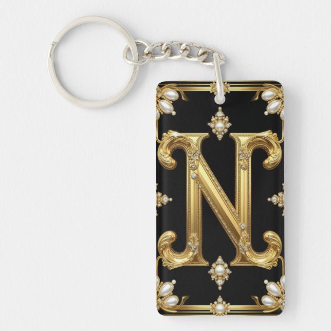 Gold Letter N Monogram With Diamonds and Pearls Keychain (Front)