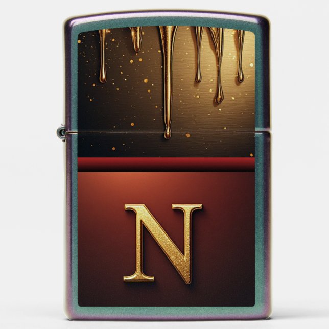 Gold Letter N Monogram With Dripping Metall Zippo Lighter (Front)
