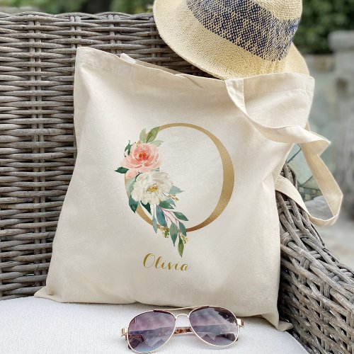Gold Letter O and Blush Floral Personalized Tote Bag