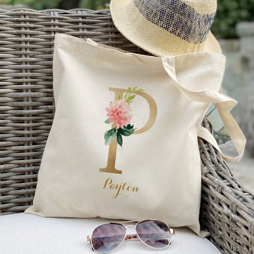 Gold Letter P and Blush Floral Personalized Tote Bag