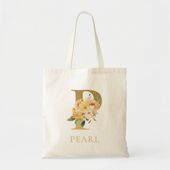 Gold Letter P Monogram Floral Watercolor Tote Bag (Front)