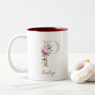 Gold Letter P, Monogram P, Pink Floral Gift Her Two-Tone Coffee Mug