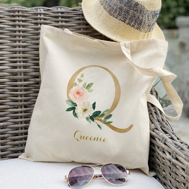Gold Letter Q and Blush Floral Personalized Tote Bag (Creator Uploaded)