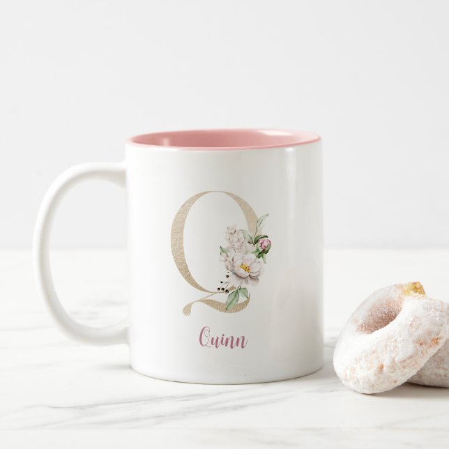 Gold Letter Q, Monogram Q, Pink Floral Gift Her  Two-Tone Coffee Mug (With Donut)
