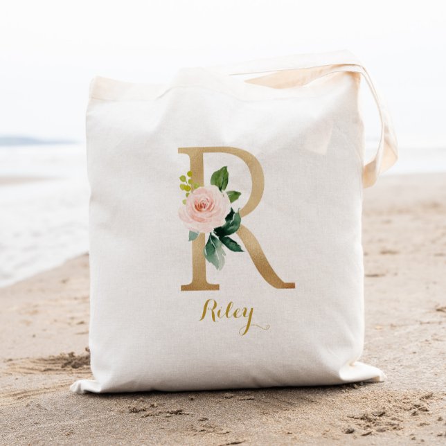 Gold Letter R and Blush Floral Personalized Tote Bag (Creator Uploaded)