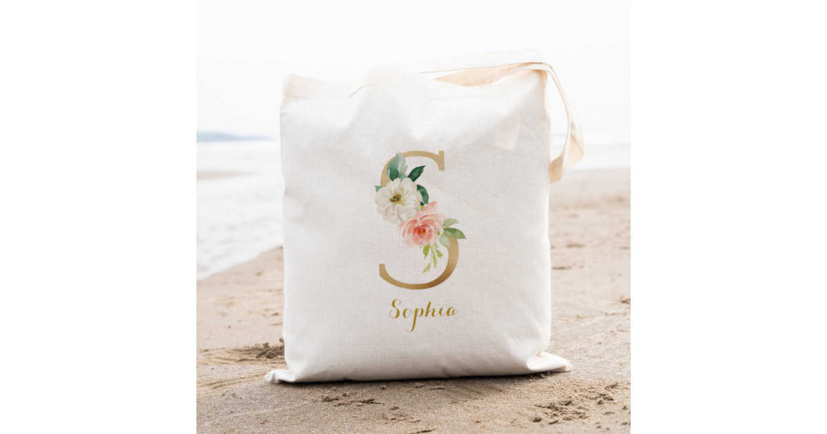 Personalized Tote Bag Floral Initial Canvas Tote Bags for Women, Monogram Bag for Bridesmaids Wedding Bachelorette Party (Letter S)