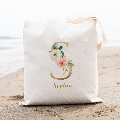 Gold Letter S and Blush Floral Personalized Tote Bag