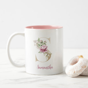 Gold Letter S, Monogram S, Pink Floral Gift Her Two-Tone Coffee Mug