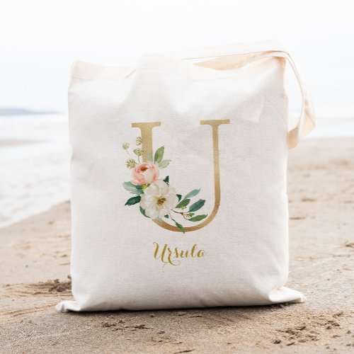 Gold Letter U and Blush Floral Personalized Tote Bag