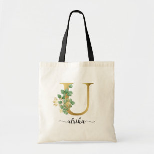 Gold Letter U Eucalyptus Leaves Personalized Tote Bag