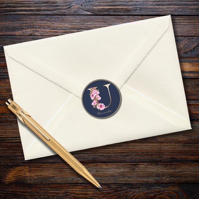 Gold Letter U Pink Magenta Floral Monogram Classic Round Sticker (Creator Uploaded)