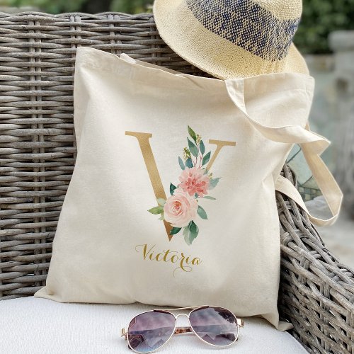 Gold Letter V and Blush Floral Personalized Tote Bag