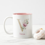 Gold Letter V, Monogram v, Pink Floral Gift Her Two-Tone Coffee Mug<br><div class="desc">A lovely Monogrammed coffee mug for her. Add her name to personalize it. We have all the letters of the alphabet,  See our collection here:  https://www.zazzle.com/collections/gold_letter_monogram_personalized_coffee_mugs-119608092386507931</div>